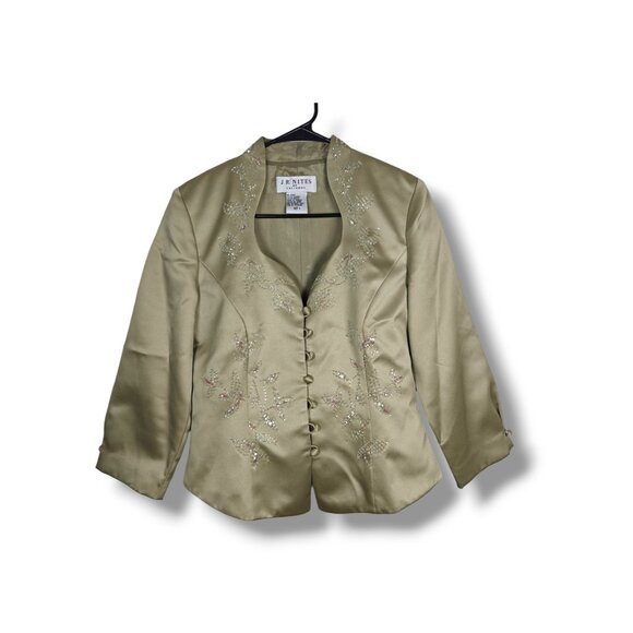 JR Nites By Caliendo Womens Beaded Satin Embroidered Blazer Jacket Size 8 Green - Picture 1 of 8